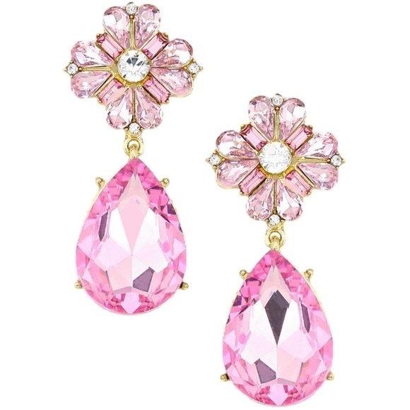 Large Pink Teardrop Earrings 2 1/4" Sparkling - Picture 2 of 3